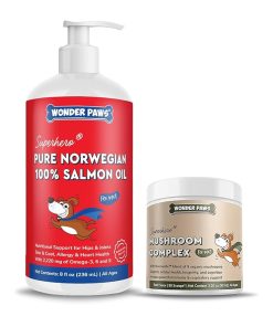 100% Norwegian Salmon Oil Plus Mushroom Complex Powder - for Dog’s Skin, Coat & Immune Health – Salmon Oil 8 Ounces – Mushroom Complex 90 Scoops