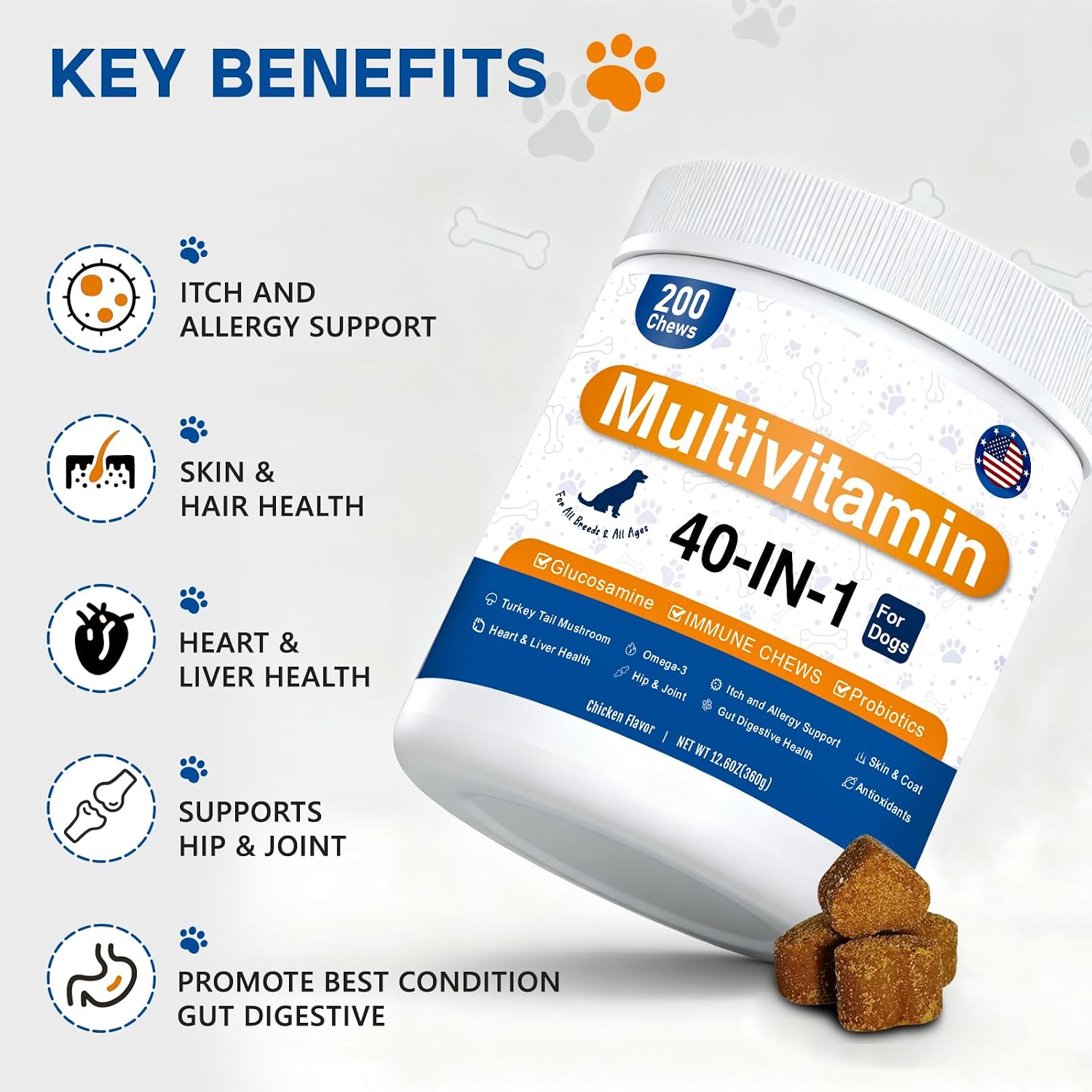 40-in-1 Dog Vitamins Chewable Multivitamin for Dogs Supplements with Glucosamine MSM - Turkey Tail Mushroom, Digestive Enzymes Gut Probiotics, Hip & Joint, Skin & Coat Immune... 14 40-in-1 Dog Vitamins Chewable Multivitamin for Dogs Supplements with Glucosamine MSM - Turkey Tail Mushroom, Digestive Enzymes Gut Probiotics, Hip & Joint, Skin & Coat Immune...