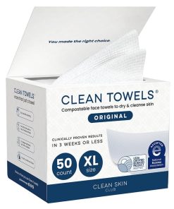 Clean Skin Club Clean Towels XL®, 100% USDA Biobased Face Towel, Disposable Face Towelette, Eczema Association Accepted, Makeup Remover Dry Wipes, Ultra Soft, 1 Pack, 50 Ct