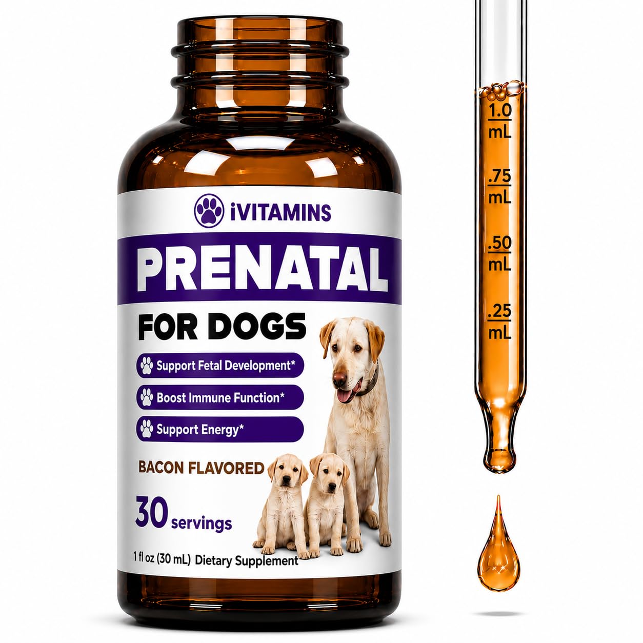 Dog Prenatal Vitamins - Prenatal Vitamins for Dogs - Includes Vitamin B Complex & Vitamin C - Dog Essentials - Whelping Supplies - 1 fl oz - Bacon Flavor 12 Dog Prenatal Vitamins - Prenatal Vitamins for Dogs - Includes Vitamin B Complex & Vitamin C - Dog Essentials - Whelping Supplies - 1 fl oz - Bacon Flavor