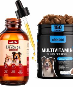 Dog Vitamins and Supplements Multivitamin Chewable 150 pcs with Wild Alaskan Salmon Oil for Dogs & Cats 8.5 oz - Omega 3, Glucosamine & Probiotics for Skin & Joint Support