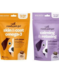 Ready Pet Go! Omega 3 + Calming Chews for Dogs | Helps with Dog Anxiety, Separation & Barking | Fish Oil for Dog Shedding, Skin Allergy, Itch Relief | 90 Chews Each