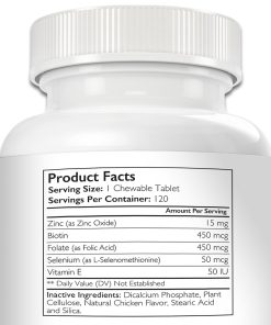 Zinc for Dogs to Support Healthy Skin & Coat, Promote Normal Growth, Balanced Immune Function & Cellular Metabolism, with Biotin, Folate, Selenium & Vitamin E, 120 Chewable Tablets
